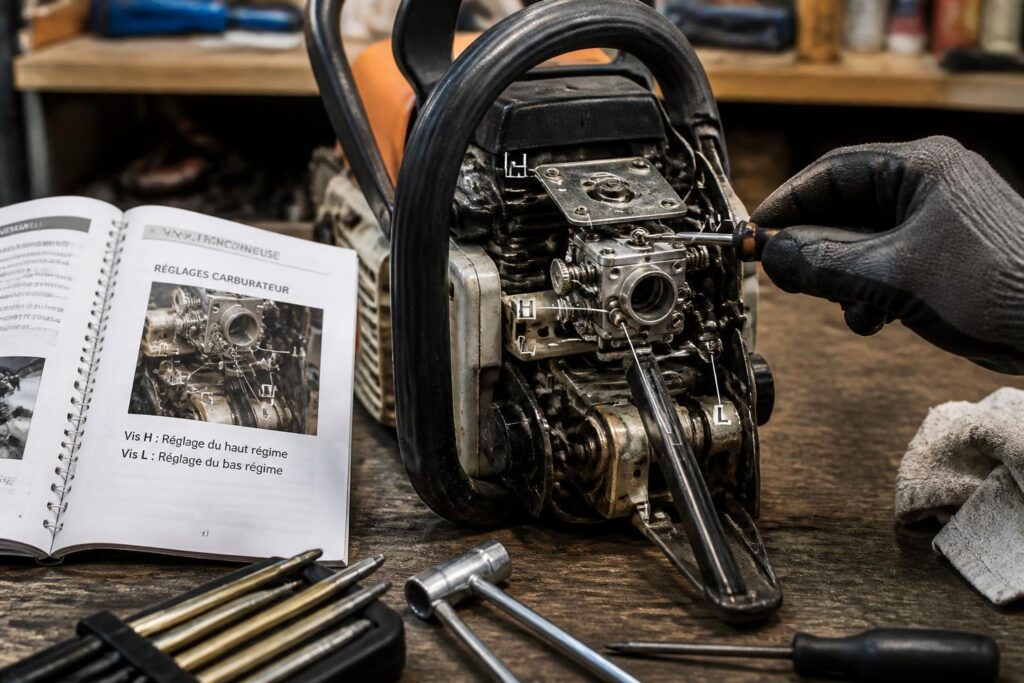 apprenez à régler facilement la vis h et la vis l du carburateur de votre tronçonneuse pour optimiser ses performances et entretenir votre outil vous-même.