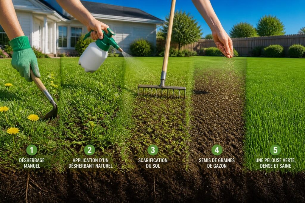 apprenez comment transformer votre pelouse envahie de mauvaises herbes en un jardin luxuriant grâce à ces 5 étapes simples et efficaces de rénovation.